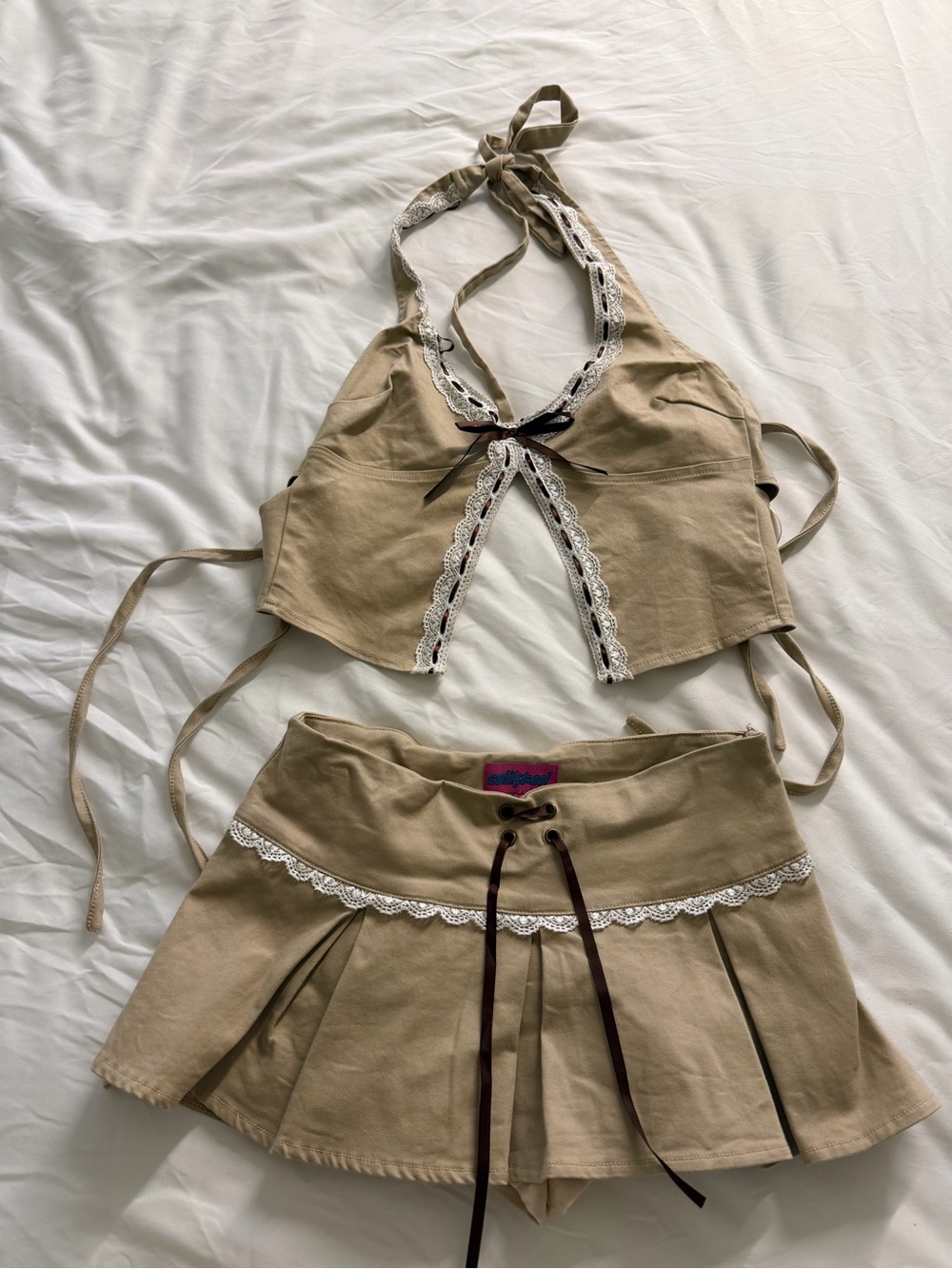 Beige Lace-Trim Mini Skirt - Women's Skirt